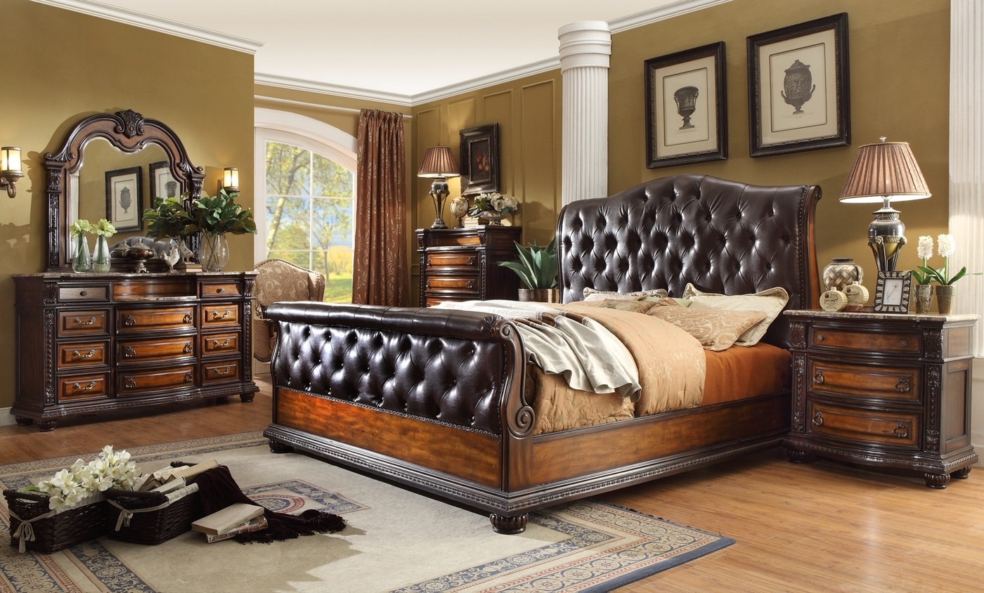 Angelina antique brown button tufted leather bedroom set