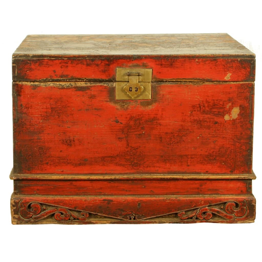 Antique chinese 34 inch wide red front trunk with carved