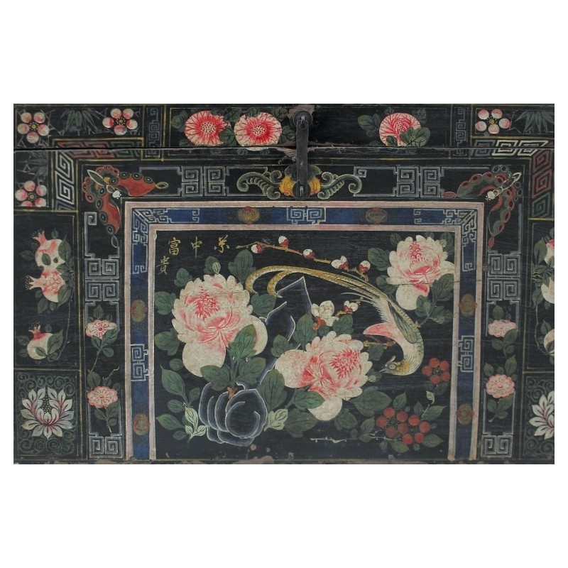 Beautiful antique chinese wooden trunk with peonies and 3