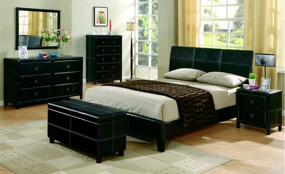 Black bycast leather contemporary 5pc bedroom set w stitchings