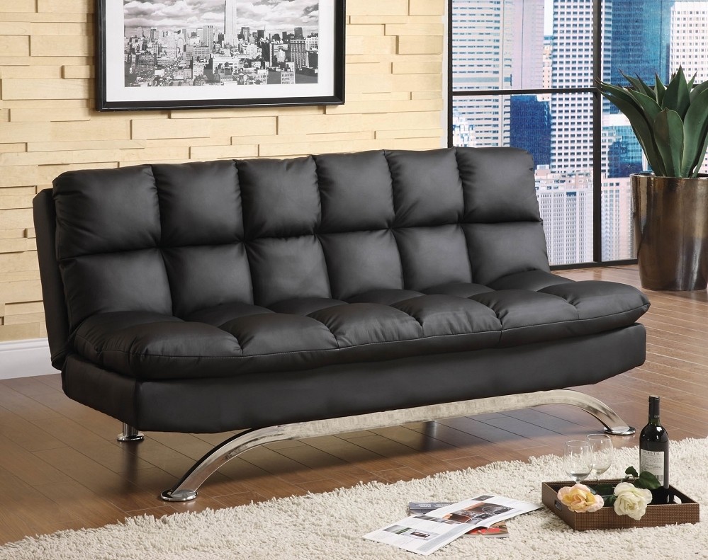 Black leather futon sofa bed comfy pillow top
