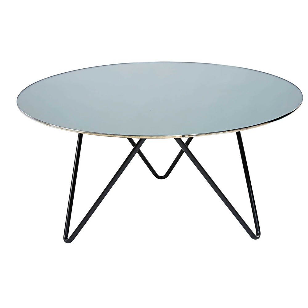 Black metal and mirror effect tempered glass coffee table
