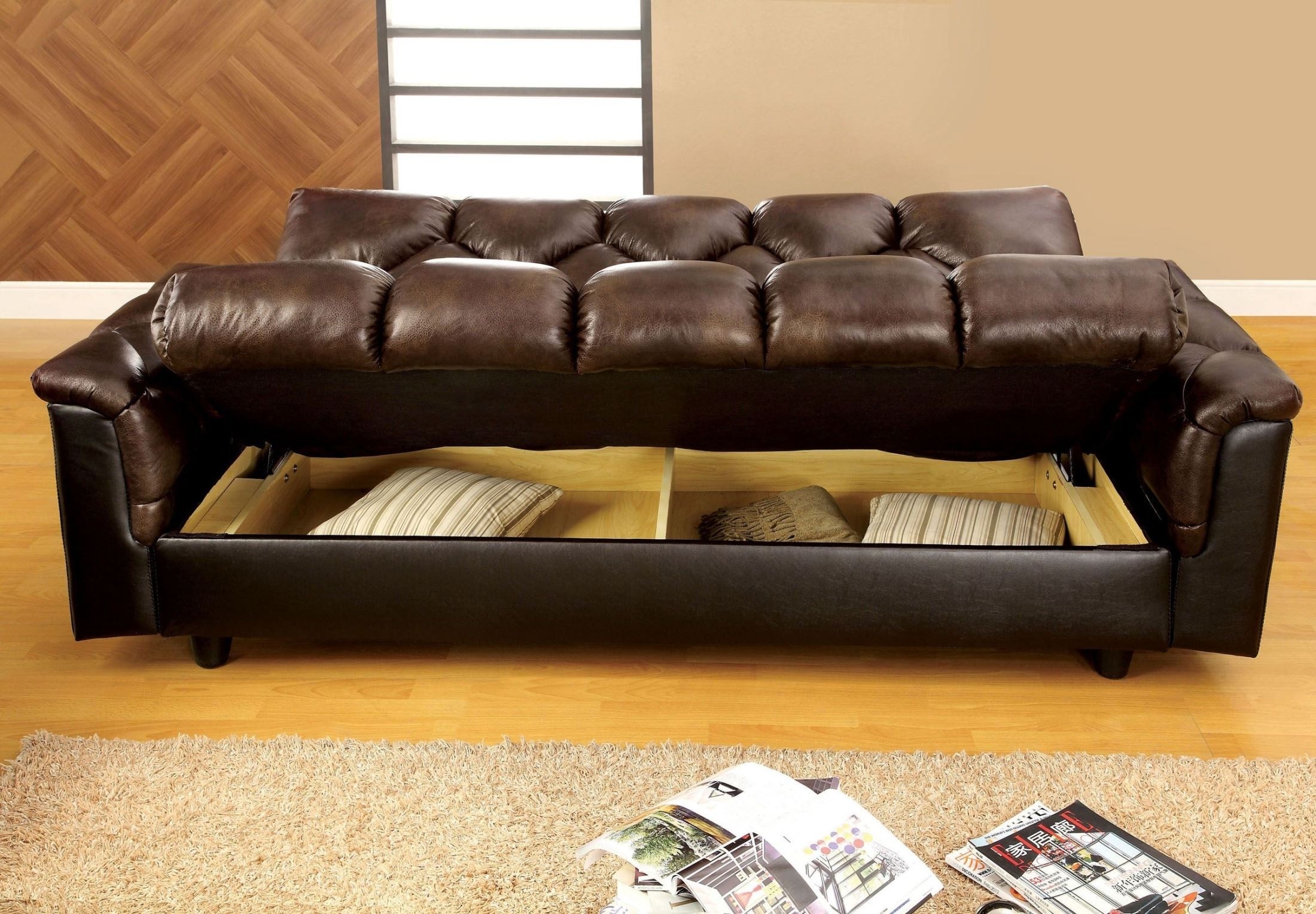 Bowie brown leather like futon storage sofa from furniture