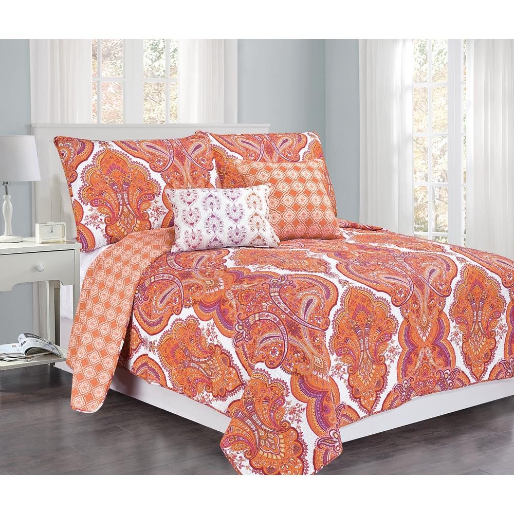 Brilliance paisley 4 piece cotton quilt set orange and