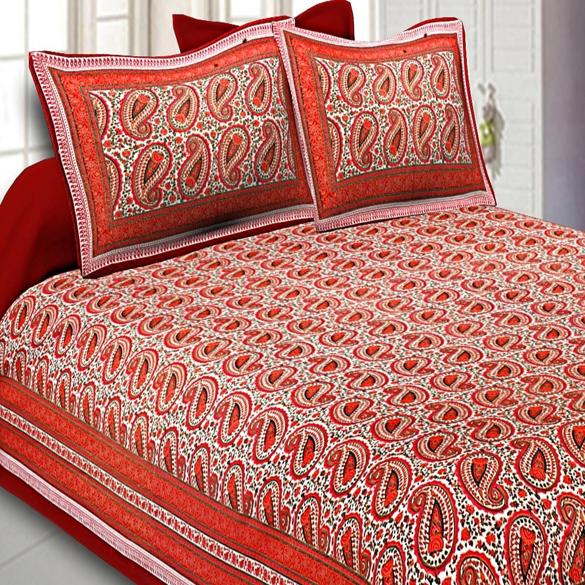 Buy desirable orange colored paisley gold printed cotton
