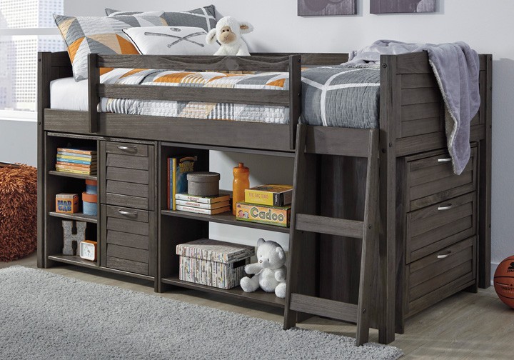Caitbrook gray twin loft bed w storage chest and shelves