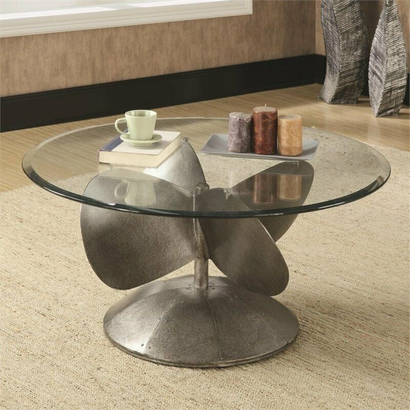 Coaster round glass top coffee table in aged metal