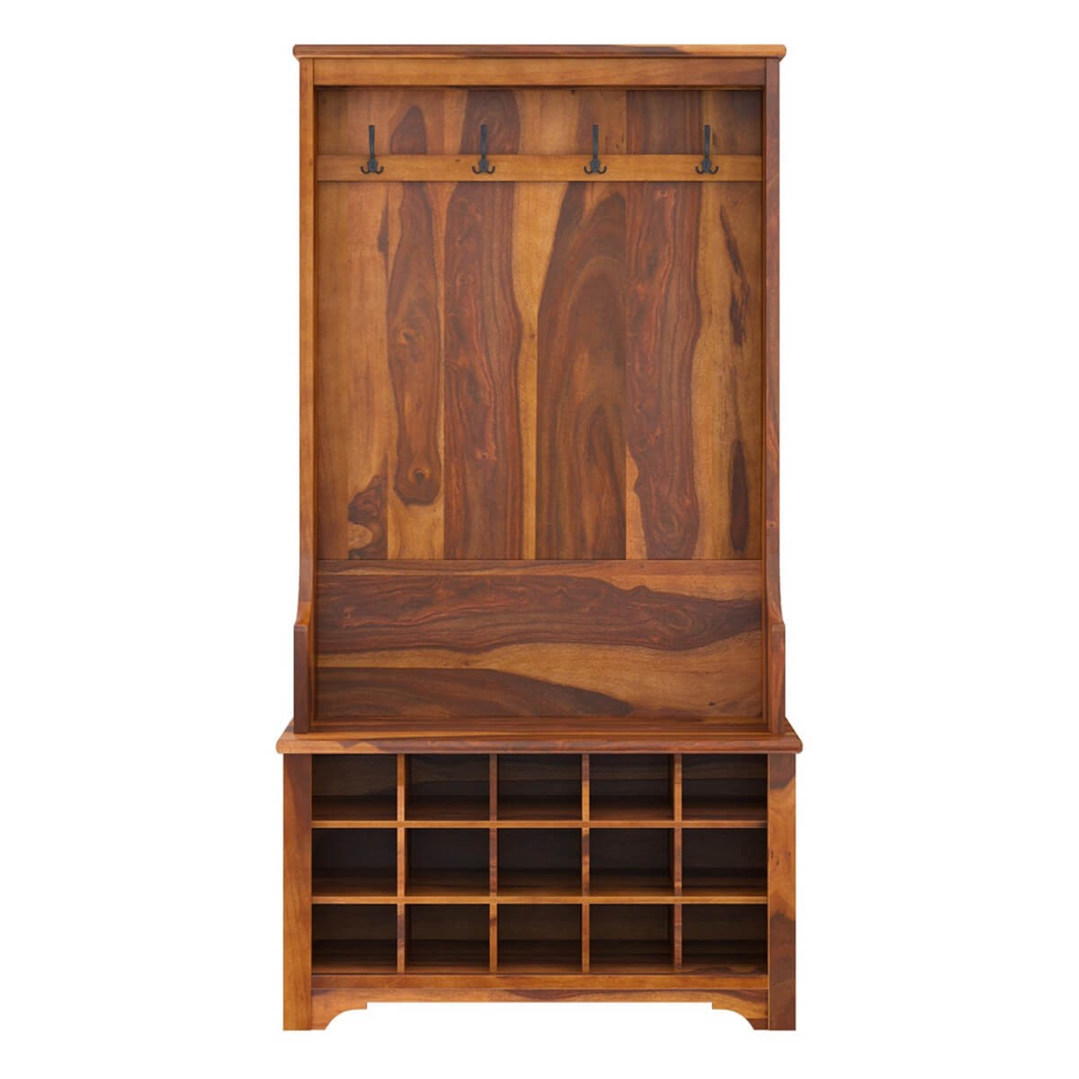 Cornish rustic solid wood entryway hall tree with shoe storage