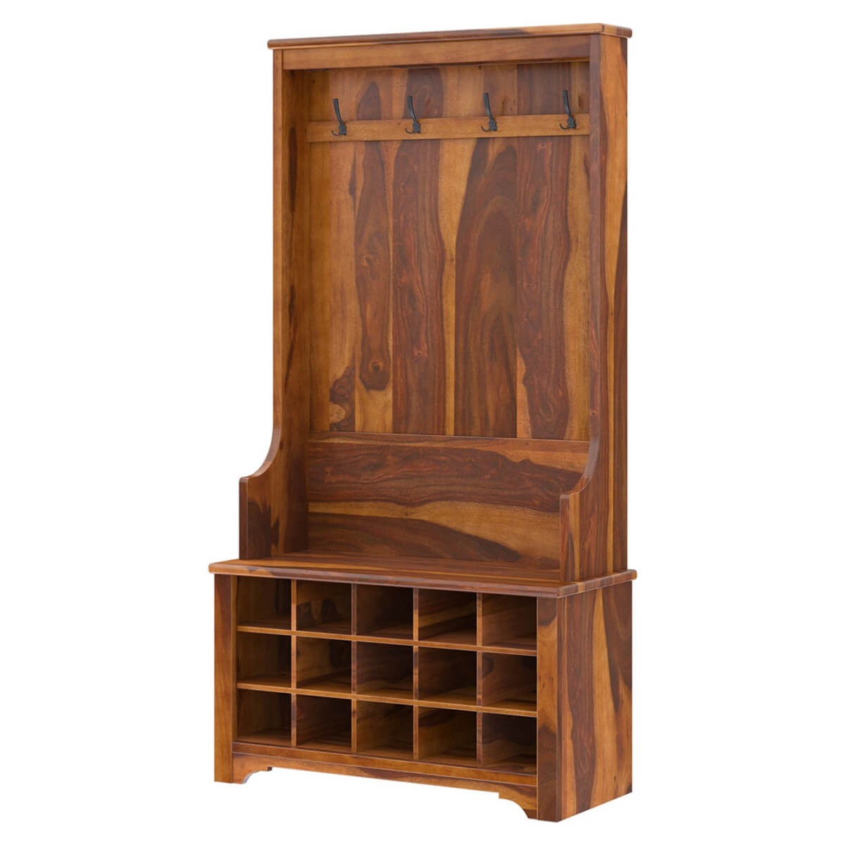 Cornish rustic solid wood entryway hall tree with shoe storage