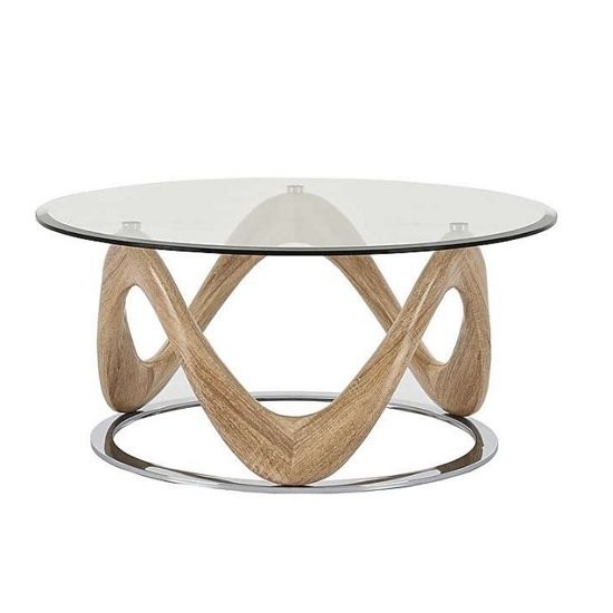 Dunic glass coffee table round in sonoma oak and chrome