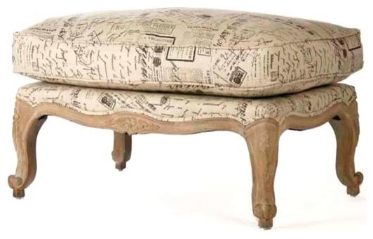 French country literary script linen club chair ottoman 2