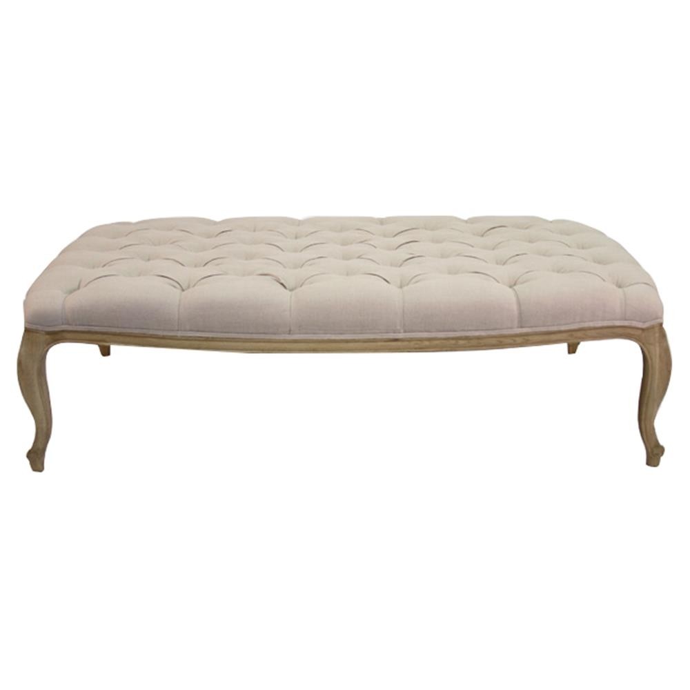 French country natural linen rectangle tufted ottoman 1