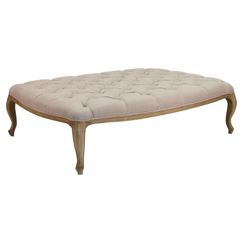 French country natural linen rectangle tufted ottoman