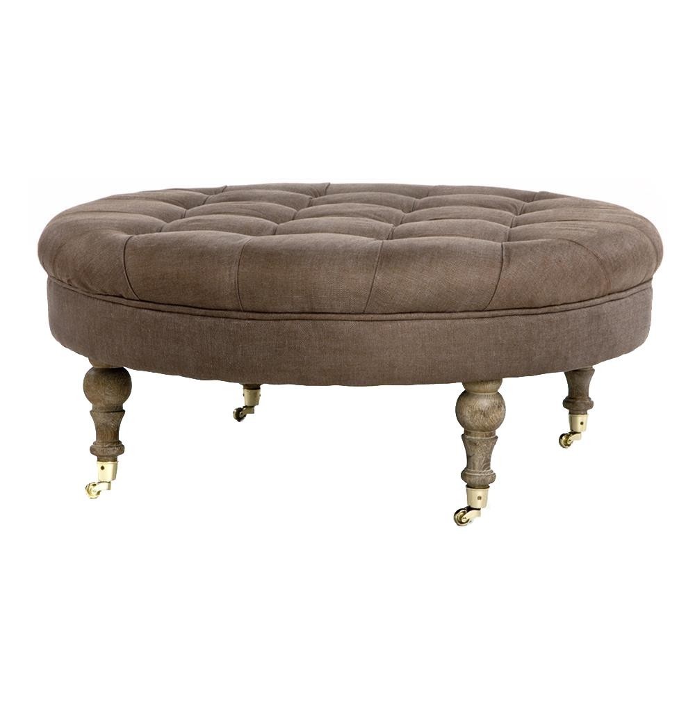 French country round tufted brown linen cocktail ottoman