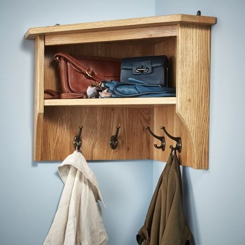 Gbp170 solid oak corner shelf with 4 coat hooks with