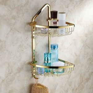 Gold polished brass bathroom shower caddy corner shelf 1