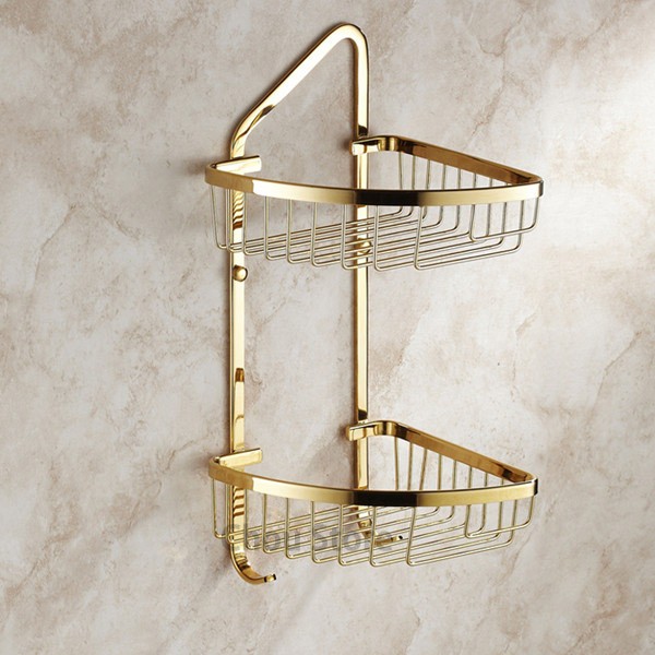 Gold polished brass bathroom shower caddy corner shelf
