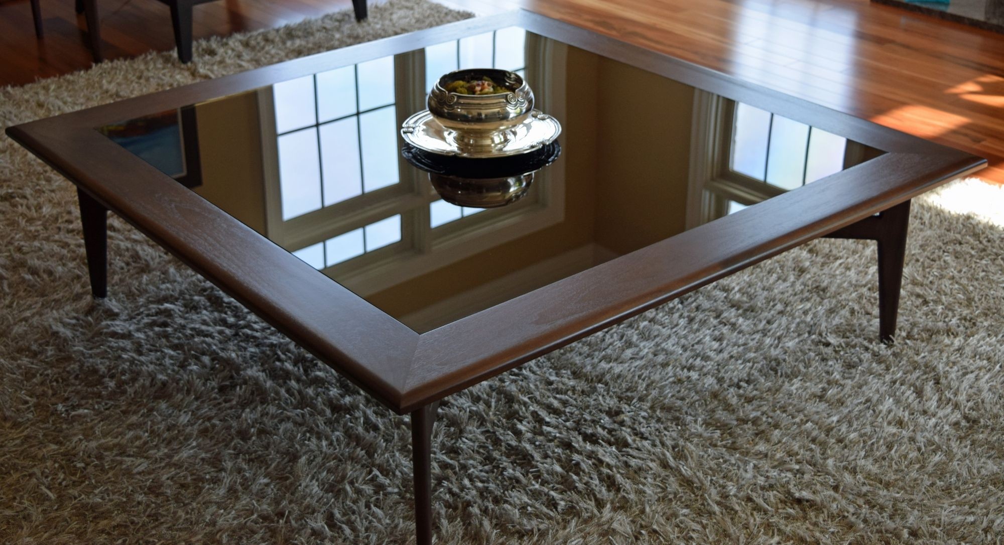 Hand crafted large walnut glass coffee table by parz