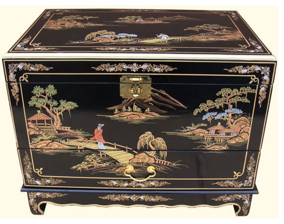 Hand painted black lacquer oriental trunk asian