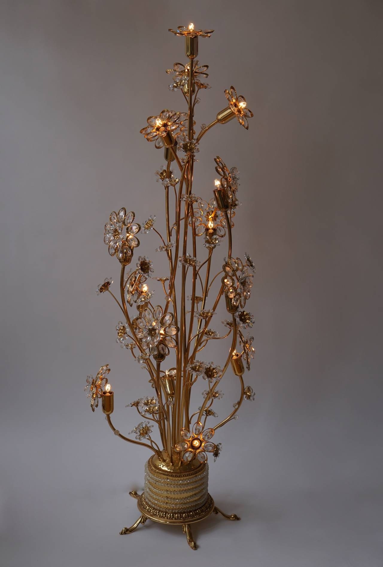 Huge palwa gilded brass and glass flower floor lamp or
