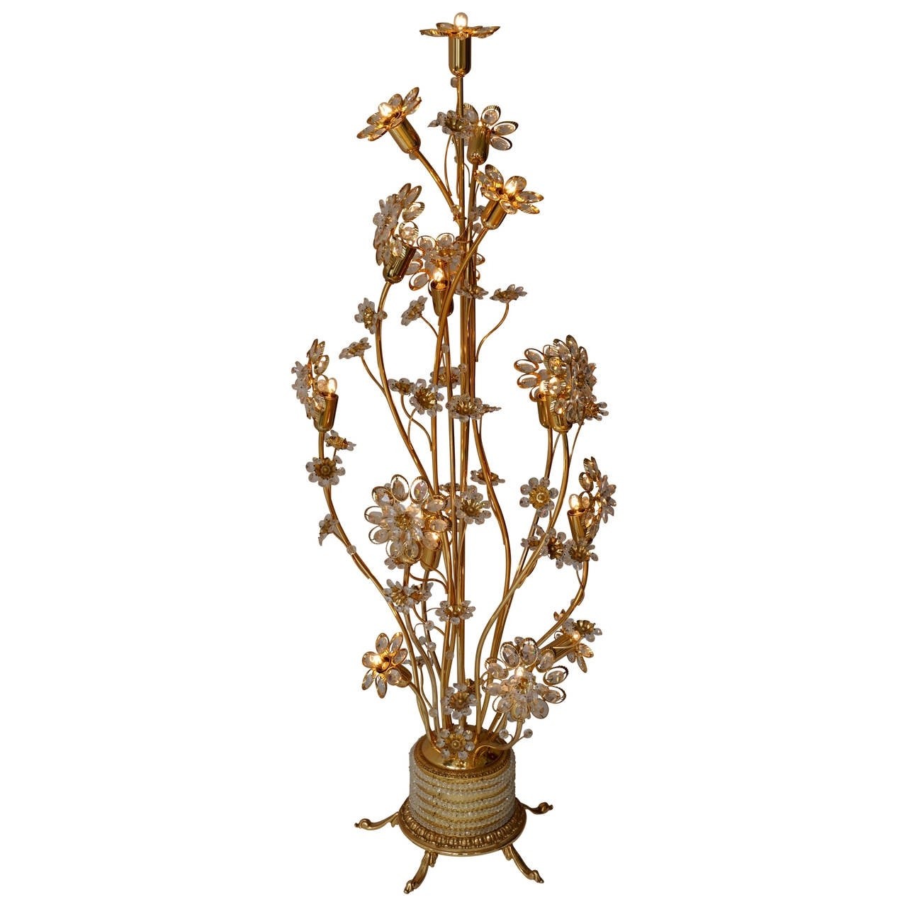 Huge palwa gilded brass and glass flower floor lamp or