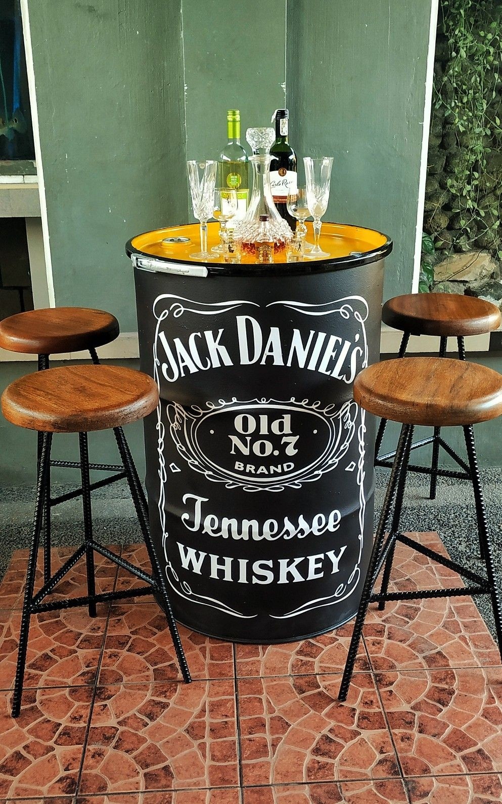 Jack daniels steel drum design with industrial bar stool