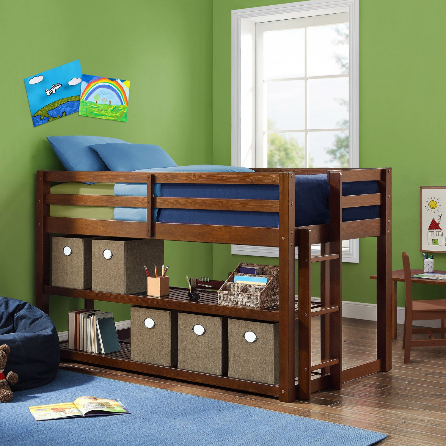 Kids solid white wood loft twin bunk bed frame with