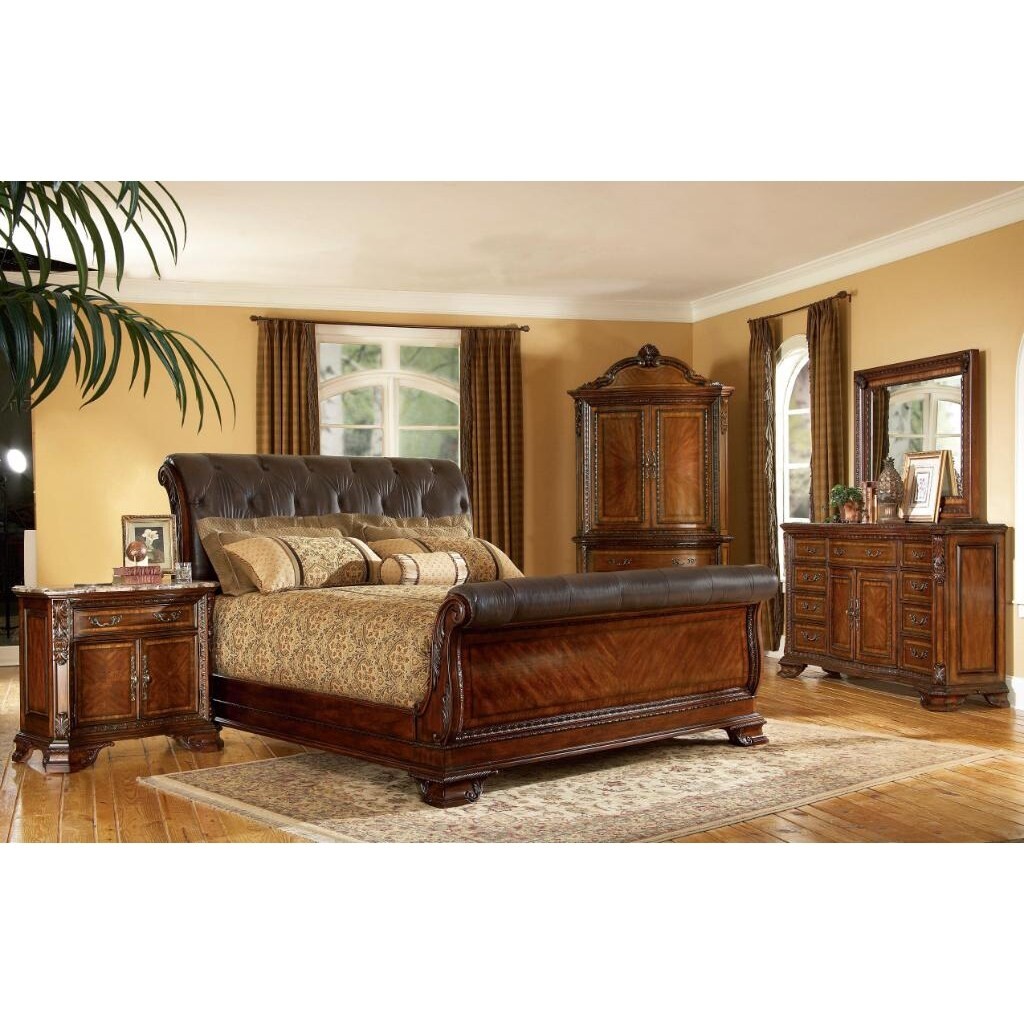 King size 4 piece wood leather sleigh bedroom set 1