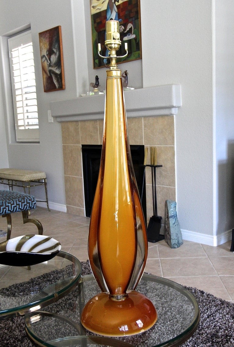 Large flavio poli murano orange glass table lamp for sale