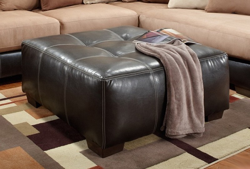 Large square tufted dark brown bonded leather ottoman