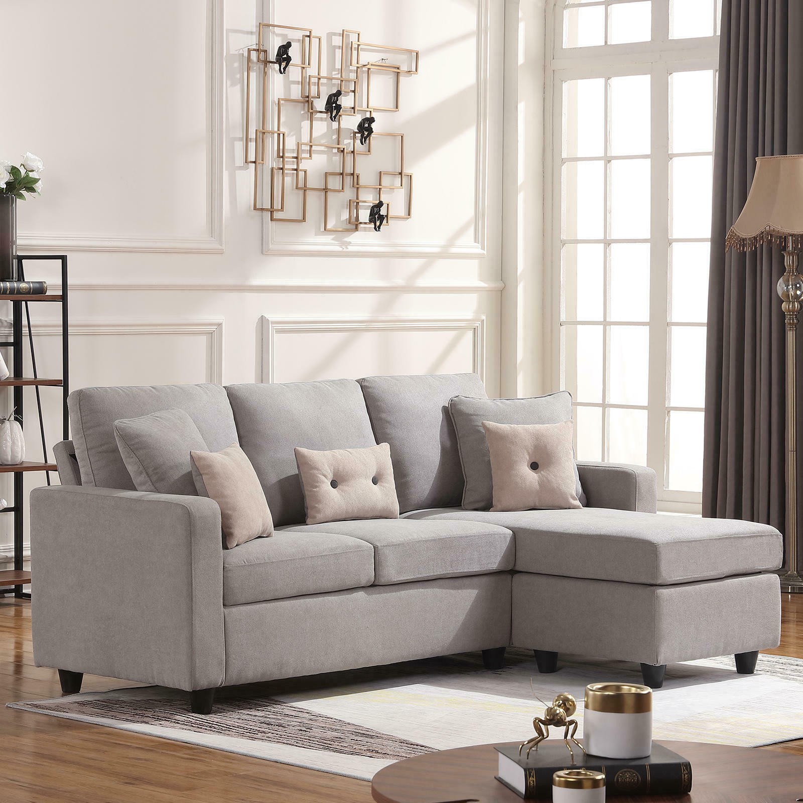 Light grey sectional fabric sofa l shaped couch w