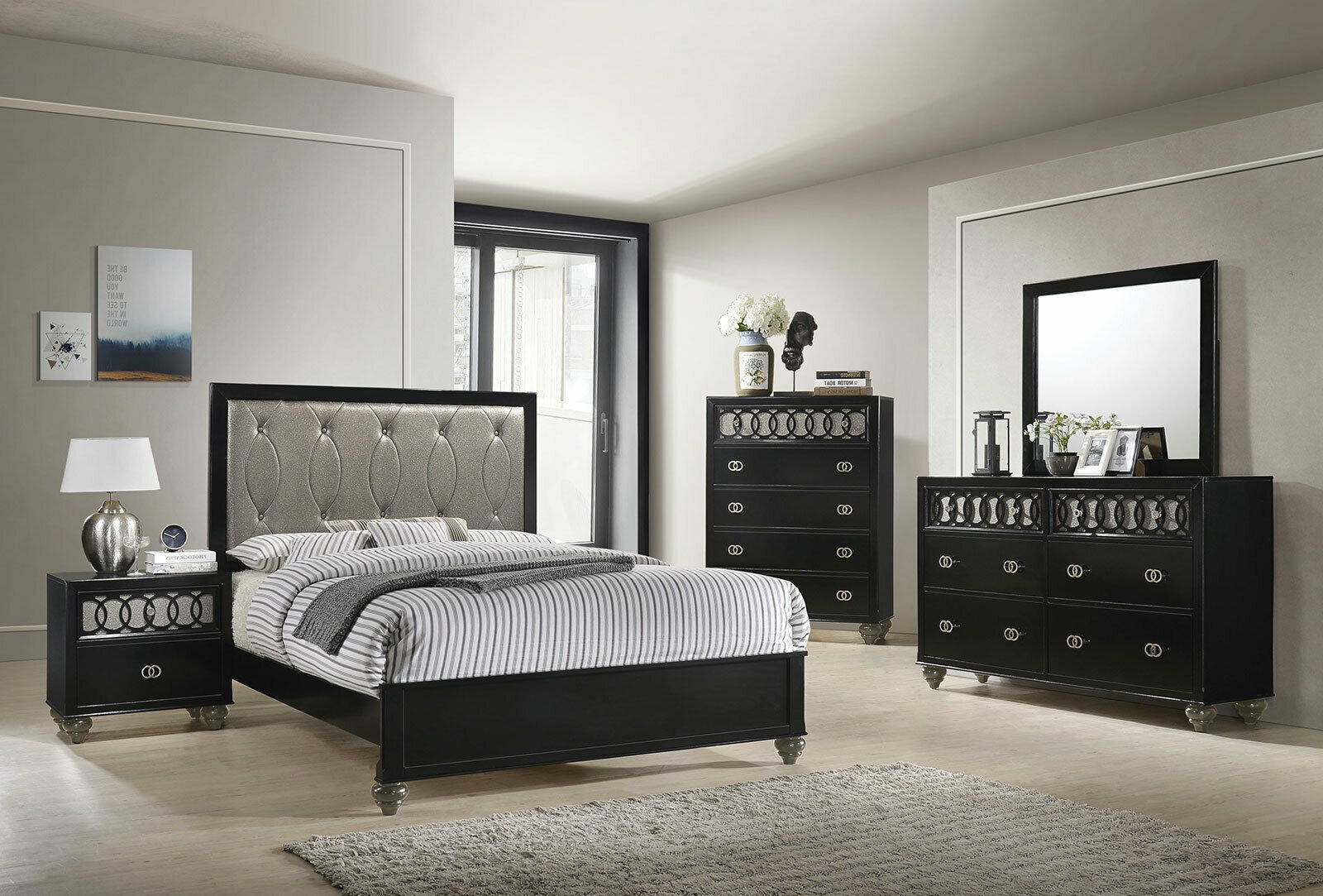 Modern black copper faux leather bedroom furniture
