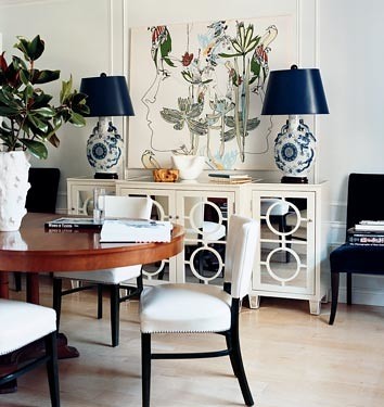 Modern elegant dining room white mirrored buffet wood