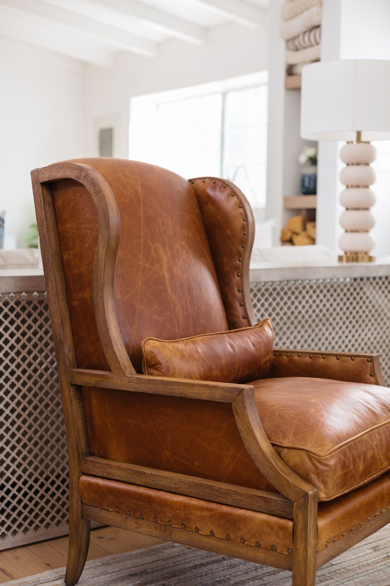 Nailhead trimmed leather 28 club chair in antique 1