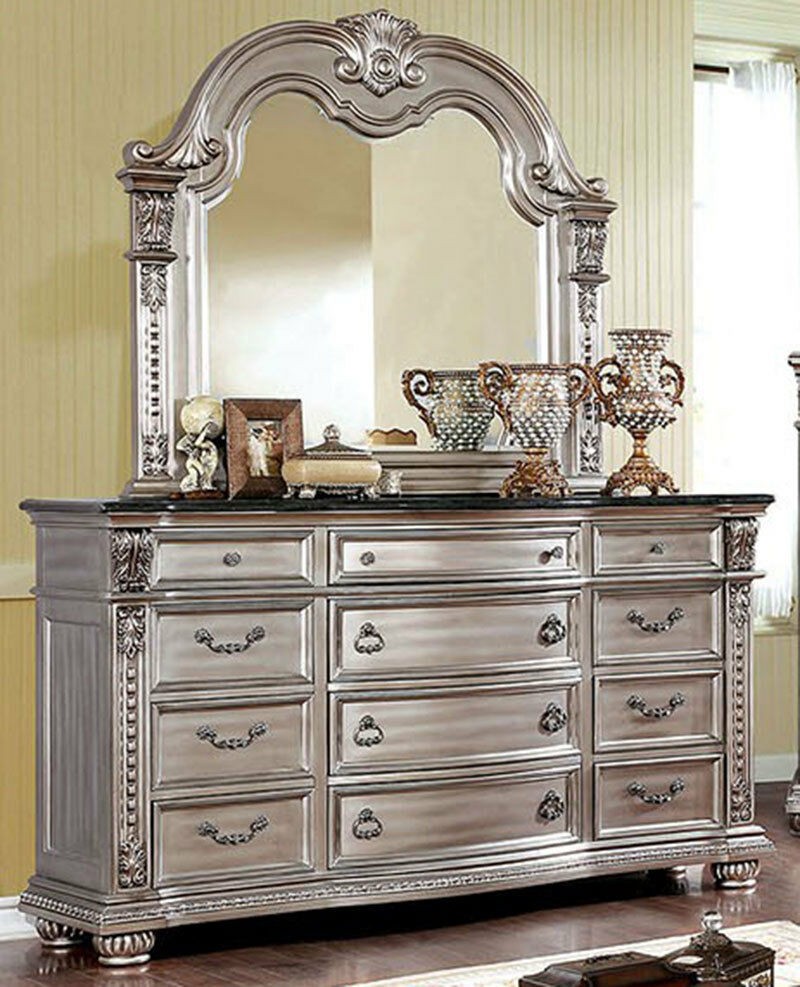 Old world champagne pearl silver bedroom furniture