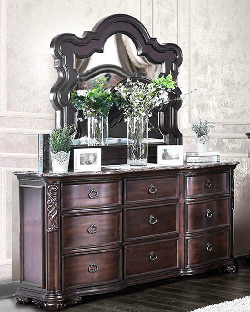 Old world cherry brown marble 5 piece bedroom set w