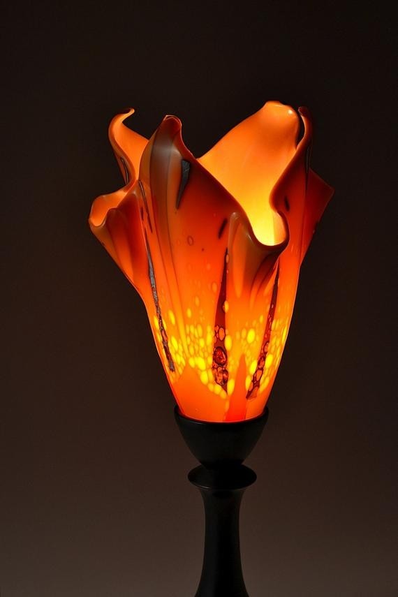 Orange flame modern abstract fused glass table lamp with