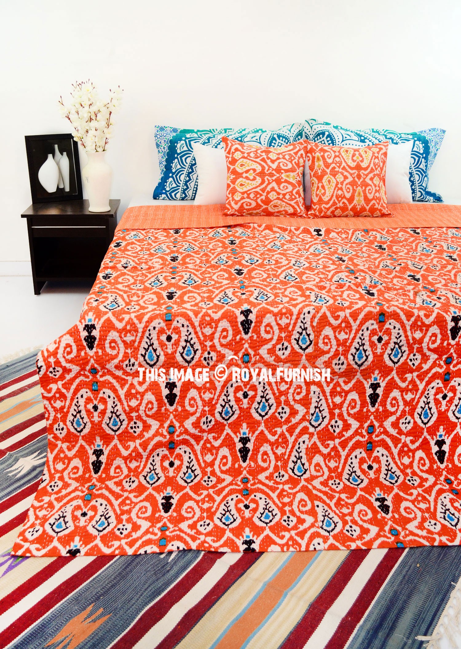 Orange queen size paisley ikat kantha quilt blanket