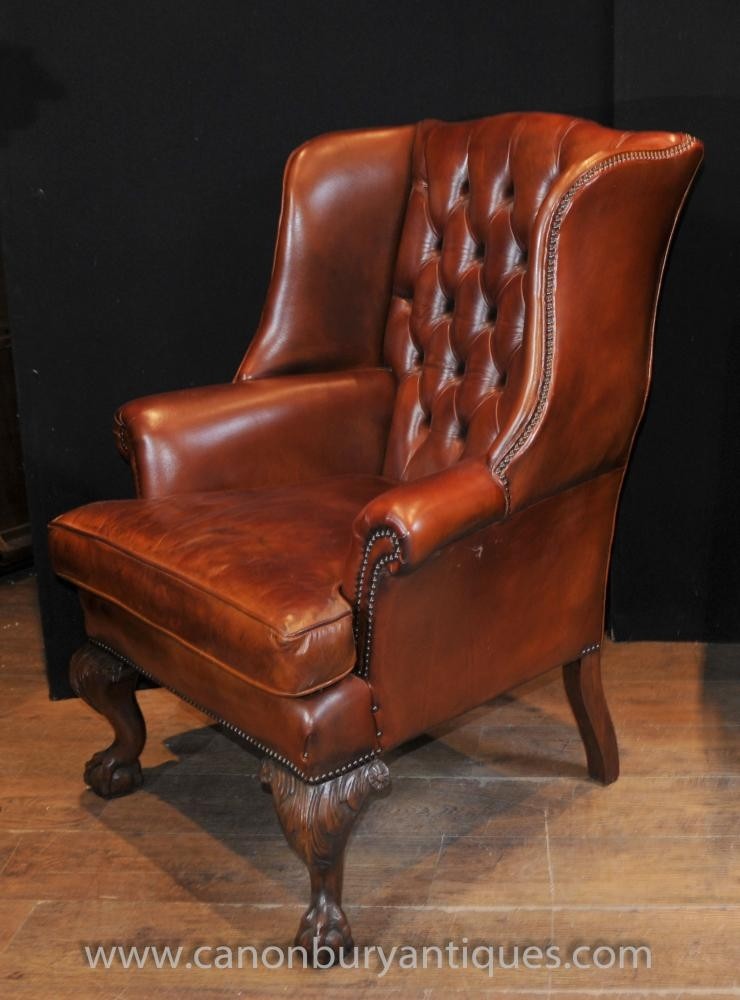 Pair antique english wingback chesterfield arm chairs 5