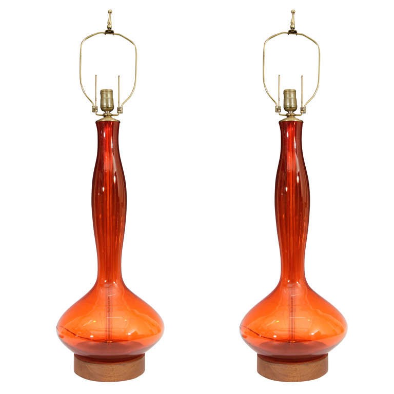 Pair of mid century orange glass table lamps by blenko