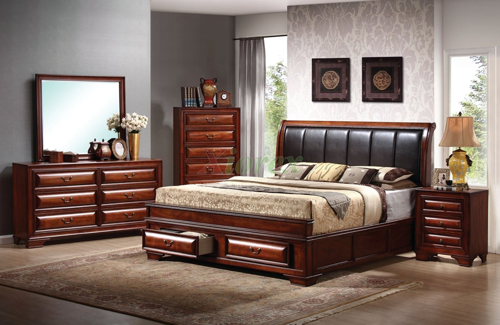 Platform bedroom furniture set with leather headboard beds 1