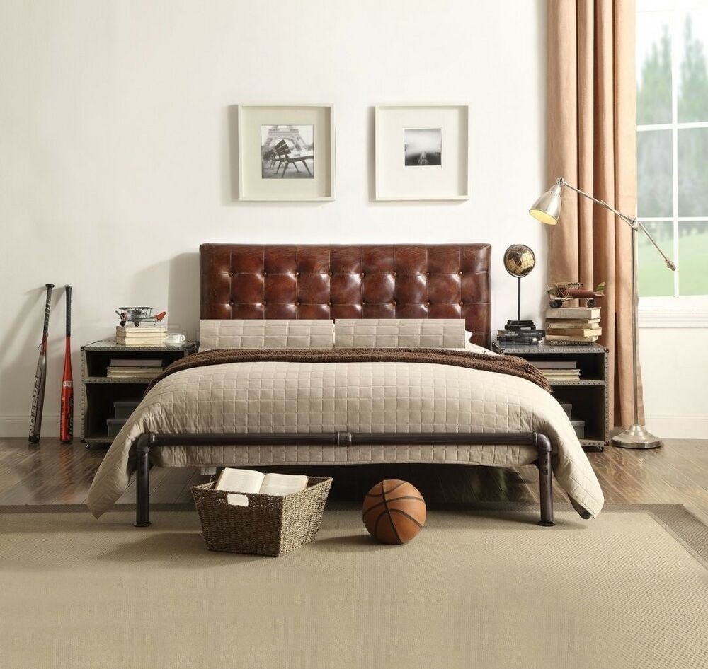 Queen size bed nightstand brown top grain leather