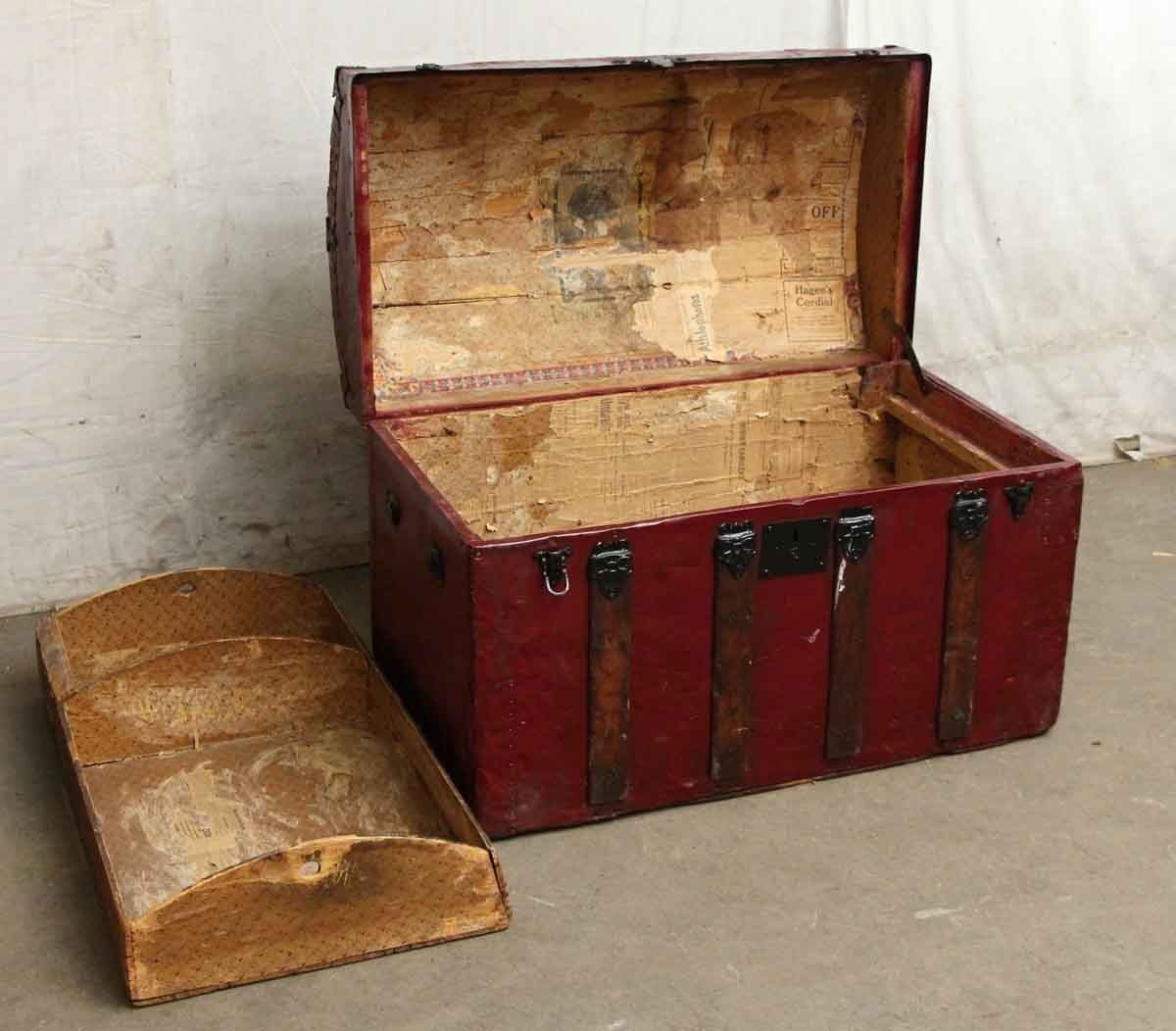 Red vintage storage trunk with ornate hardware olde good 1