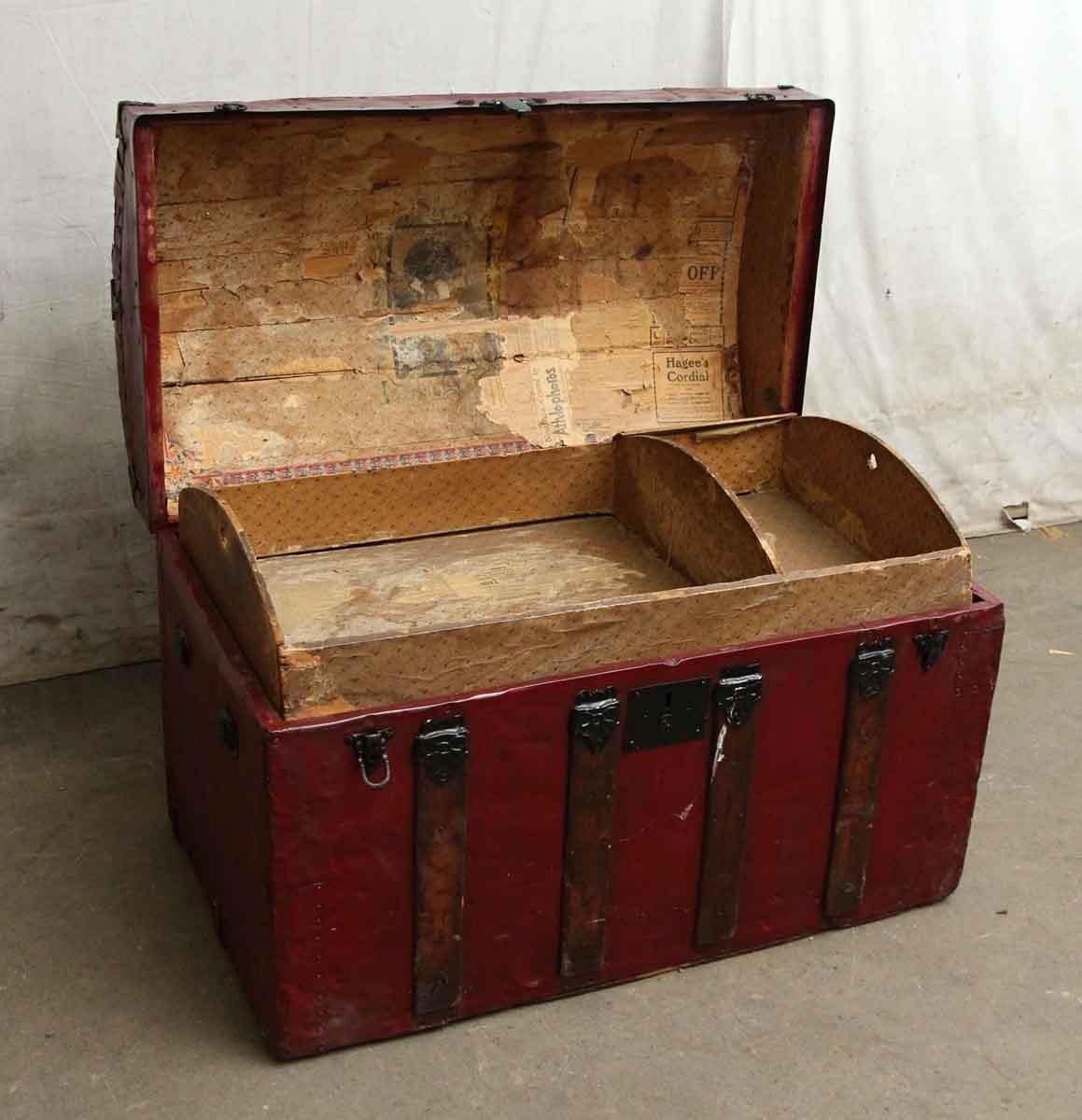 Red vintage storage trunk with ornate hardware olde good 2