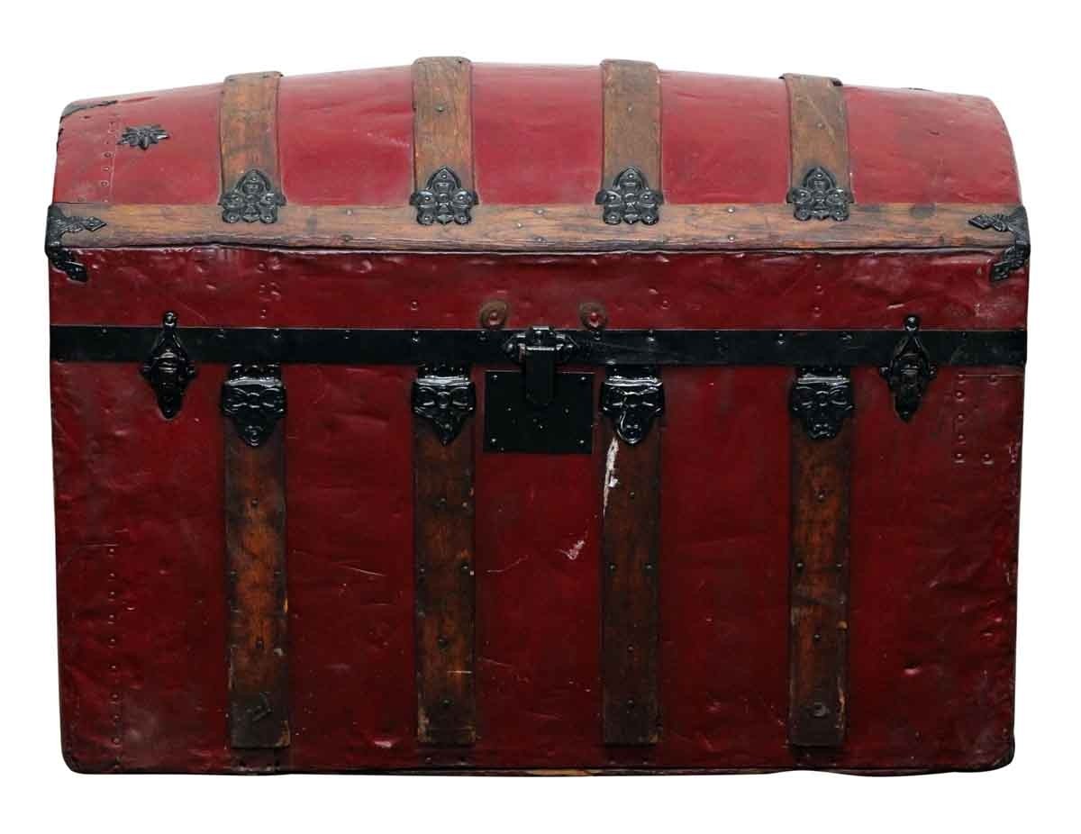 Red vintage storage trunk with ornate hardware olde good 3