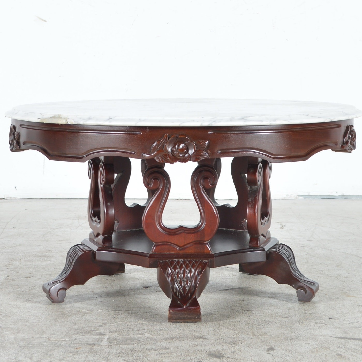 Reproduction victorian style coffee table with marble top