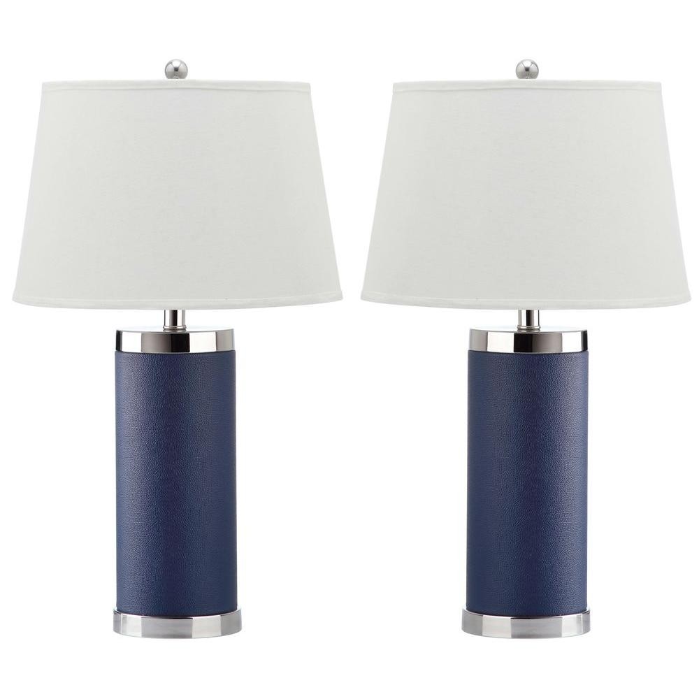 Safavieh leather column 26 in navy table lamp with white