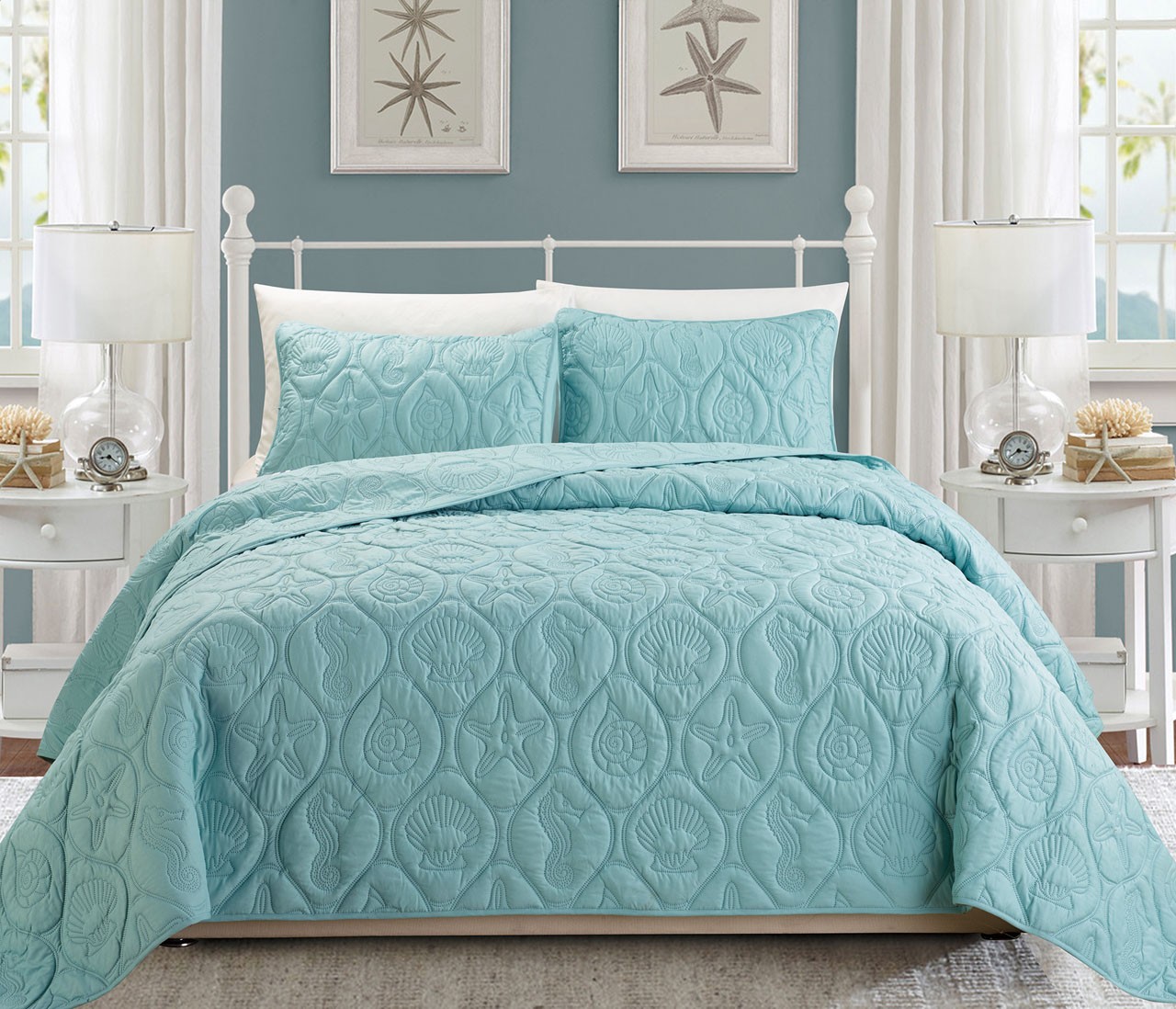 Seashell spa blue reversible bedspread quilt set
