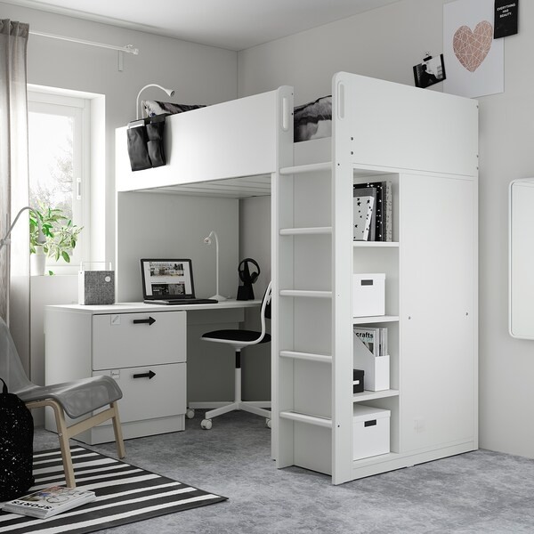 Smastad loft bed white white with desk with 3 drawers