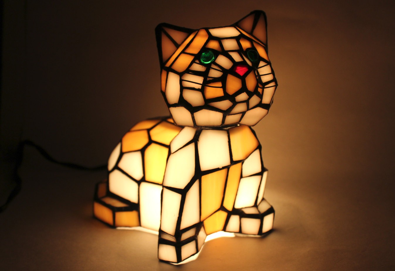 Tiffany style stained glass cat lamp vintage art glass bobble